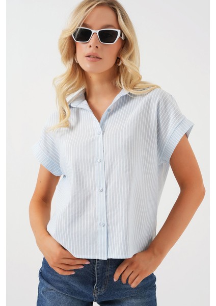 Kadın BDART Çizgili Poplin Düğmeli Gömlek Bebek Mavisi