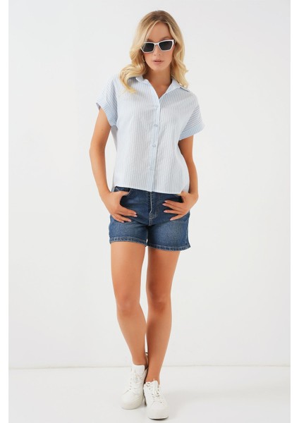 Kadın BDART Çizgili Poplin Düğmeli Gömlek Bebek Mavisi