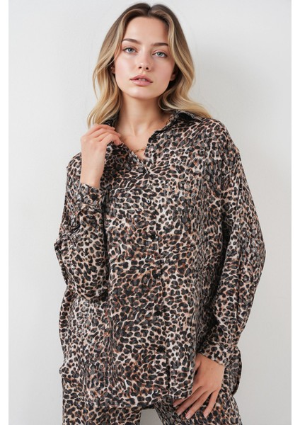 Kadın BDART Leopar Desenli Uzun Düğmeli Gömlek ve Geniş Paça Pantolon İkili Set Çok Renkli fırsatları