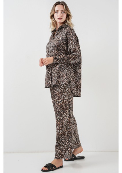 Kadın BDART Leopar Desenli Uzun Düğmeli Gömlek ve Geniş Paça Pantolon İkili Set Çok Renkli indirimleri