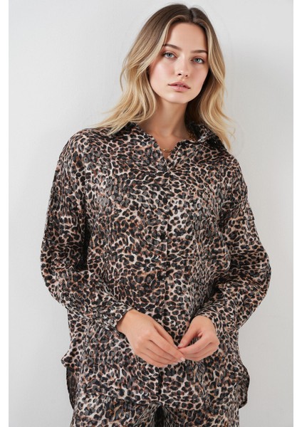 Kadın BDART Leopar Desenli Uzun Düğmeli Gömlek ve Geniş Paça Pantolon İkili Set Çok Renkli