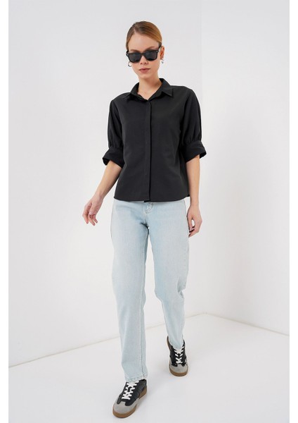 Kadın BDART Düğmeli Poplin Gömlek ve Gömlek Yaka Black