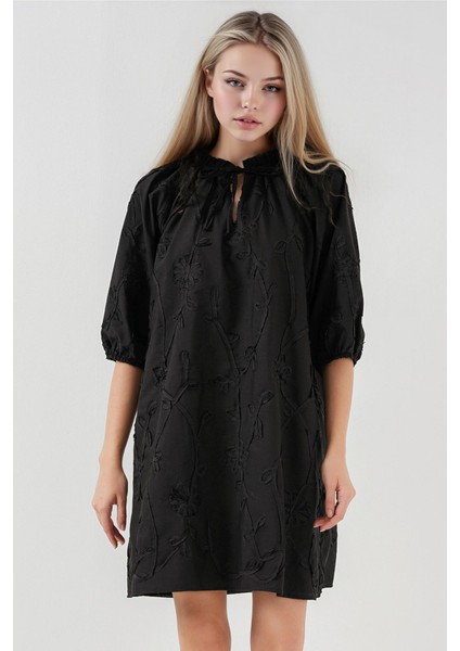 Kadın BDART Bağcıklı Dantel İşlemeli Mini Elbise Siyah indirimleri