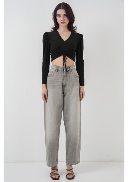 Kadın BDART Drapeli V Yaka Dikişli Crop Top Siyah