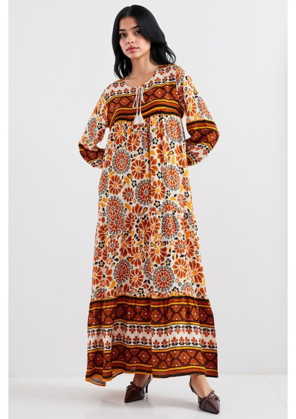 Kadın BDART Bağlamalı Desenli Maxi Elbise Kahverengi fırsatları