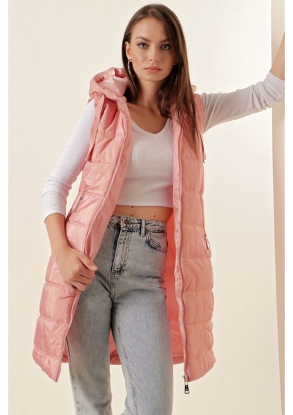 Kadın BDART Kapşonlu Uzun Fermuarlı Yelek Pink