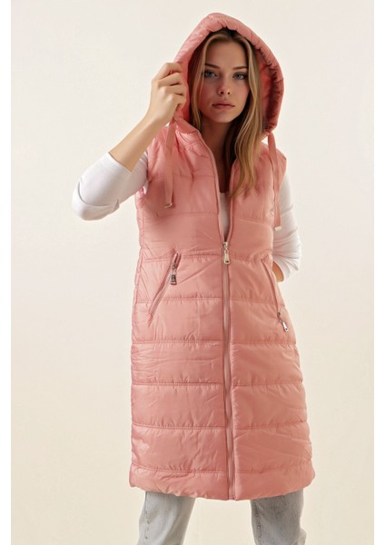 Kadın BDART Kapşonlu Uzun Fermuarlı Yelek Pink