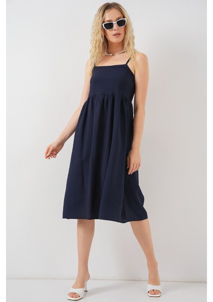 Kadın BDART Kare Yaka Dokulu Midi Elbise Lacivert