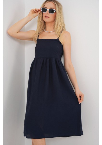 Kadın BDART Kare Yaka Dokulu Midi Elbise Lacivert