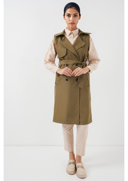 Kadın BDART Midi Şal Yaka Cep Detaylı Yelek Green indirimleri