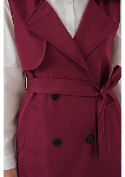 Kadın BDART Midi Şal Yaka Cep Detaylı Yelek Bordo Kırmızı