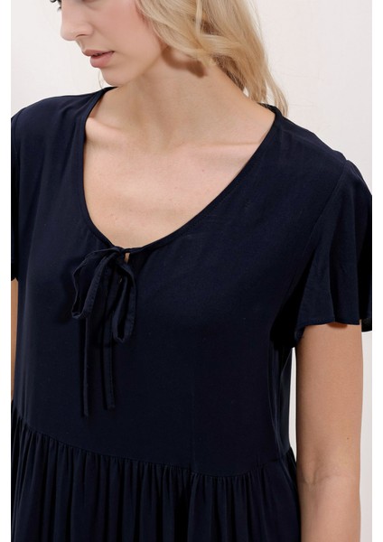 Kadın BDART V Yaka Fırfırlı Mini Elbise Lacivert