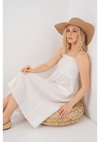 Kadın BDART Kare Yaka Dokulu Midi Elbise Beyaz