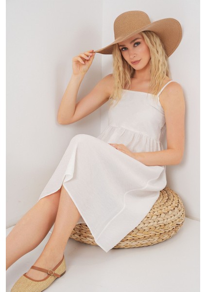 Kadın BDART Kare Yaka Dokulu Midi Elbise Beyaz