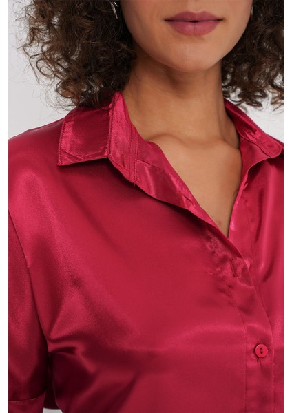 Kadın BDART Düğmeli Oversize Saten Gömlek Red