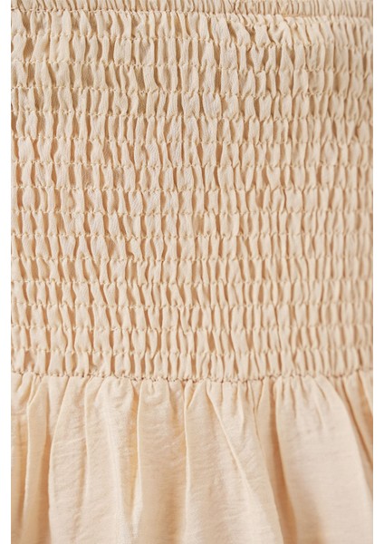 Kadın BDART Kare Yaka Dokulu Midi Elbise Krem Doğal