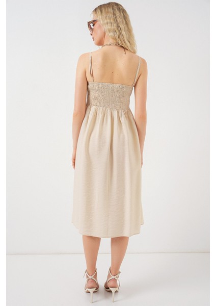 Kadın BDART Kare Yaka Dokulu Midi Elbise Krem Doğal