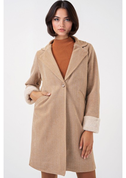 Kadın BDART Şal Yaka Herringbone Yün Karışımı Kaban Brown