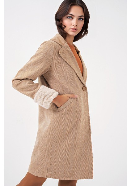 Kadın BDART Şal Yaka Herringbone Yün Karışımı Kaban Brown