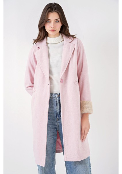 Kadın BDART Şal Yaka Herringbone Yün Karışımı Kaban Toz Pembe