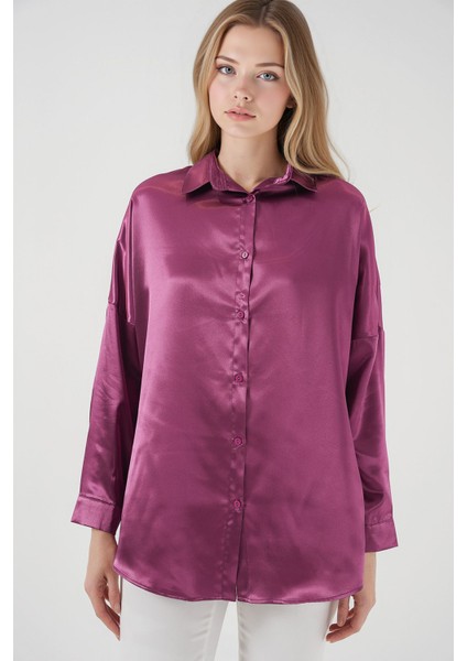 Kadın BDART Düğmeli Oversize Saten Gömlek Lila Mor