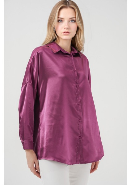 Kadın BDART Düğmeli Oversize Saten Gömlek Lila Mor