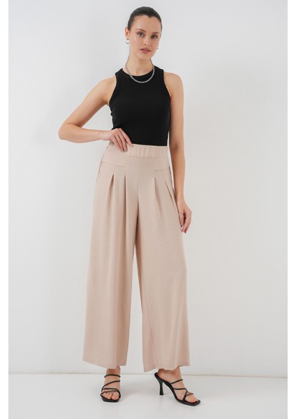 Kadın BDART Plise Detaylı Geniş Paça Krep Pantolon Krem Doğal