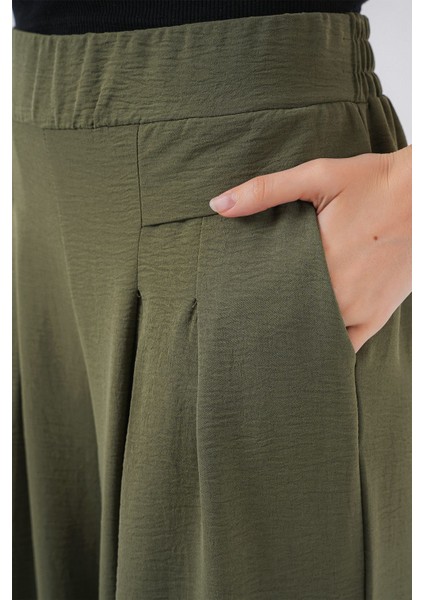 Kadın BDART Plise Detaylı Geniş Paça Krep Pantolon Haki Yeşil