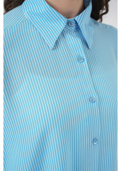 Kadın BDART Düğmeli Kapatma ile Uzun Çizgili Geniş Kesim Gömlek Blue