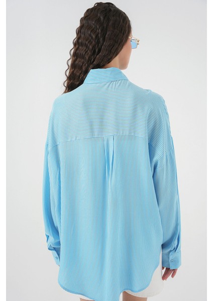 Kadın BDART Düğmeli Kapatma ile Uzun Çizgili Geniş Kesim Gömlek Blue