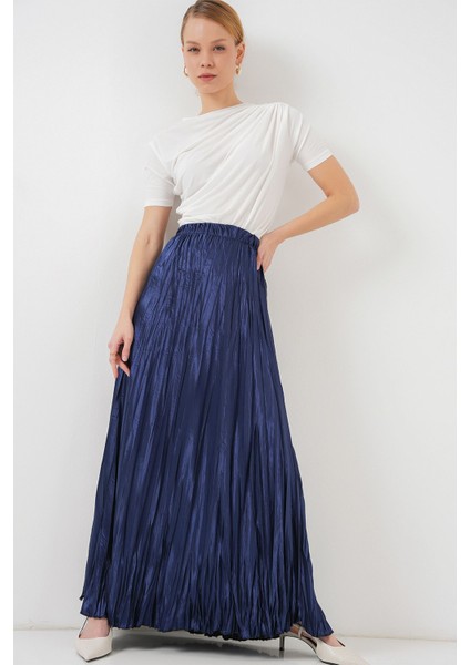 Kadın BDART Beli Lastikli Dokulu Saten Maxi Etek Lacivert