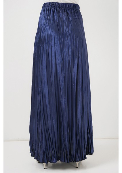 Kadın BDART Beli Lastikli Dokulu Saten Maxi Etek Lacivert