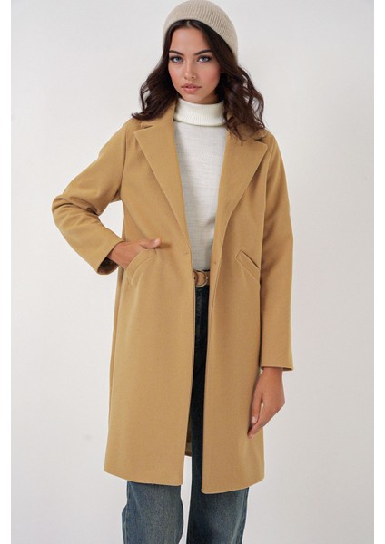 Kadın BDART Şal Yaka Herringbone Yün Karışımı Kaban Yellow