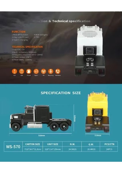 WS-570 Büyük Boy Kamyon - Bluetooth Hoparlör - USB - Fm Radyo Çok Fonksiyonlu Müzik Çalar fiyatları