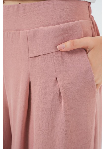 Kadın BDART Plise Detaylı Geniş Paça Krep Pantolon Tozlu Gül Pembesi