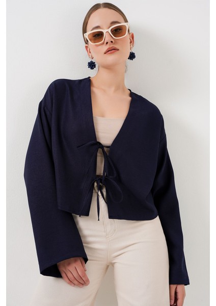 Kadın BDART Keten Karışımlı Bağlama Detaylı Uzun Kollu Kimono Lacivert