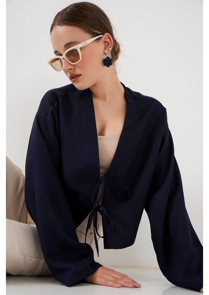 Kadın BDART Keten Karışımlı Bağlama Detaylı Uzun Kollu Kimono Lacivert