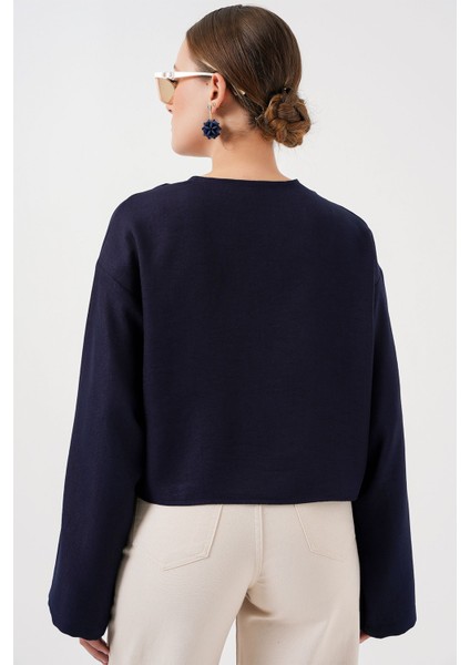 Kadın BDART Keten Karışımlı Bağlama Detaylı Uzun Kollu Kimono Lacivert