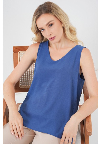 Kadın BDART Dokulu V Yaka Kolsuz Bluz Gök Mavisi