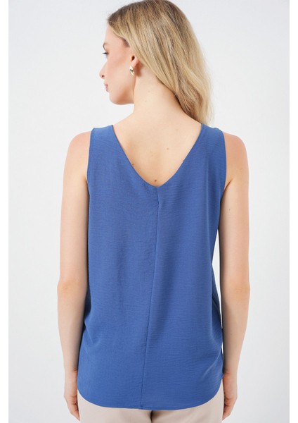 Kadın BDART Dokulu V Yaka Kolsuz Bluz Gök Mavisi