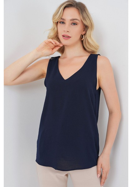 Kadın BDART Dokulu V Yaka Kolsuz Bluz Blue