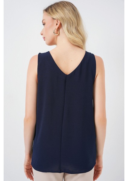 Kadın BDART Dokulu V Yaka Kolsuz Bluz Blue