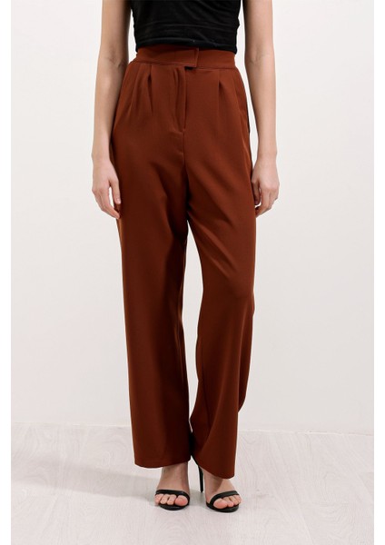 Kadın BDART Kemerli Yüksek Bel Geniş Paça Pantolon Brown