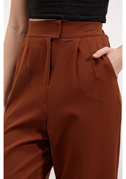 Kadın BDART Kemerli Yüksek Bel Geniş Paça Pantolon Brown