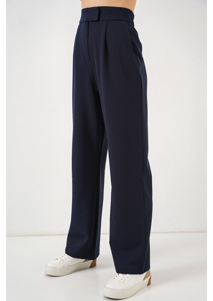 Kadın BDART Kemerli Yüksek Bel Geniş Paça Pantolon Lacivert