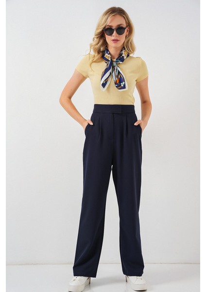 Kadın BDART Kemerli Yüksek Bel Geniş Paça Pantolon Lacivert