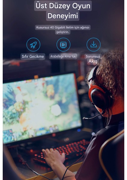 1-Metre Cat8 Ethernet Kablosu 40 Gpbs+5G+2000 Mhz. 360° Dönebilen Tasarım RJ45 Altın Konnektör CE Lisanslı Sağlam Kablo Orjinal