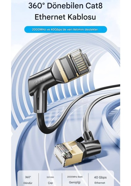 1-Metre Cat8 Ethernet Kablosu 40 Gpbs+5G+2000 Mhz. 360° Dönebilen Tasarım RJ45 Altın Konnektör CE Lisanslı Sağlam Kablo Orjinal