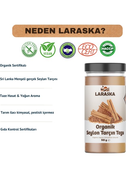 Organik Glutensiz Vegan Seylan - Seylon Tarçın Toz 50g - Organic Ceylon Cinnamon Powder 50g- Organically Certified fiyatları