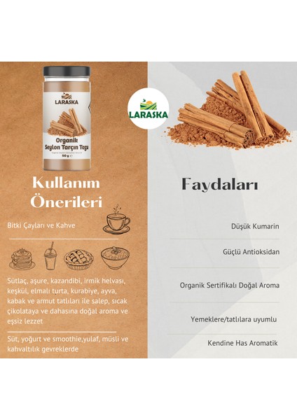 Organik Glutensiz Vegan Seylan - Seylon Tarçın Toz 50g - Organic Ceylon Cinnamon Powder 50g- Organically Certified modelleri